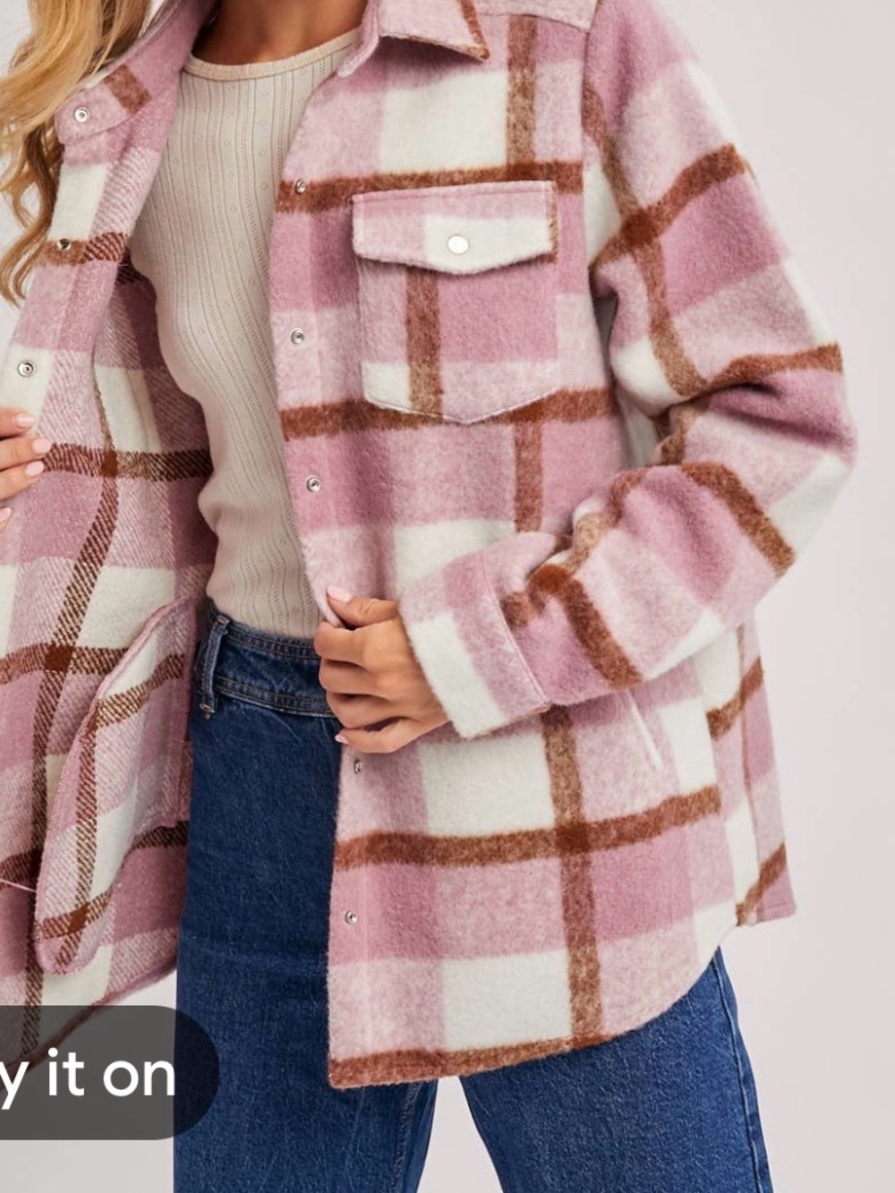 Sebby Pink, Brown & Cream Plaid Teddy Shacket